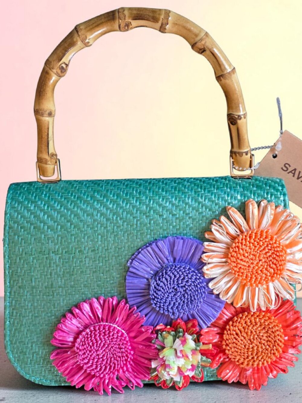 NWT HAUTE HIPPIE SAVANNAH Teal Woven Textile Bamboo Handles Flower Appliques